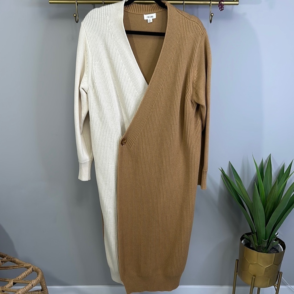 Prima - Camel & Ivory Two-Toned Wrap Maxi Sweater Dress.